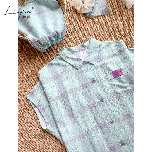 可人儿小众设计师新款泡泡绵女士睡衣夏季短袖可外出家居服三件套 商品图2