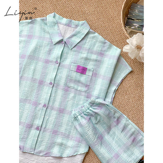 可人儿小众设计师新款泡泡绵女士睡衣夏季短袖可外出家居服三件套 商品图1