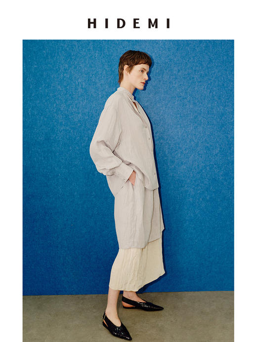 HIDEMI 进口天丝极简镂空翻折领设计感chocker纽扣温柔撞色雾粉紫套装 商品图7