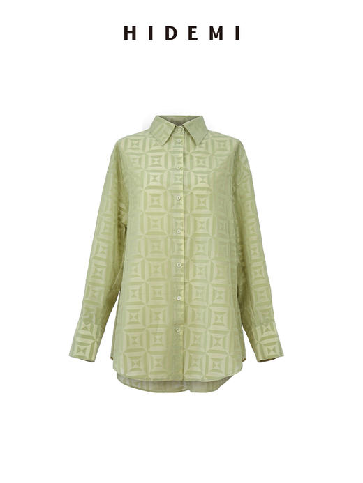 HIDEMI经典几何印花植绒复古剪刀领宽松衬衫半裙套装 牛油果绿/奶咖棕 商品图12