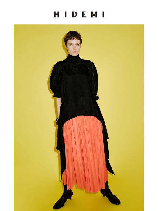 HIDEMI 进口百分醋酸黑色极简廓形袖可立领飘带下摆设计感前后两穿衬衫 商品图5