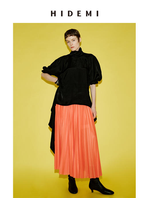 HIDEMI 进口百分醋酸黑色极简廓形袖可立领飘带下摆设计感前后两穿衬衫 商品图4