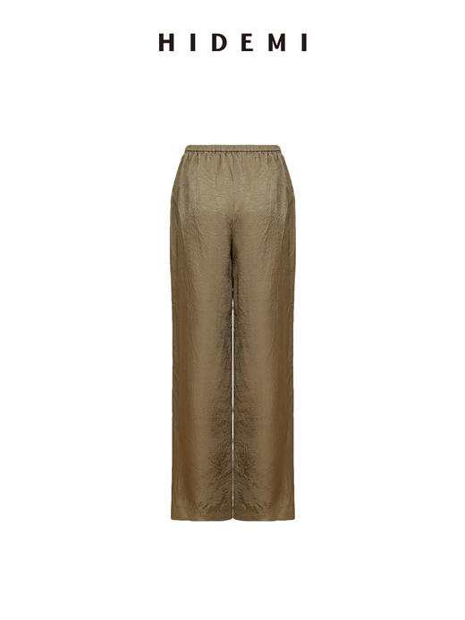 HIDEMI 进口满分醋酸艺术褶皱感立体口袋廓形衬衫阔腿裤橄榄绿套装 商品图12