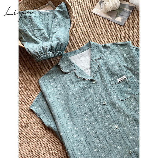 可人儿小众设计师新款泡泡绵女士睡衣夏季短袖可外出家居服三件套 商品图2