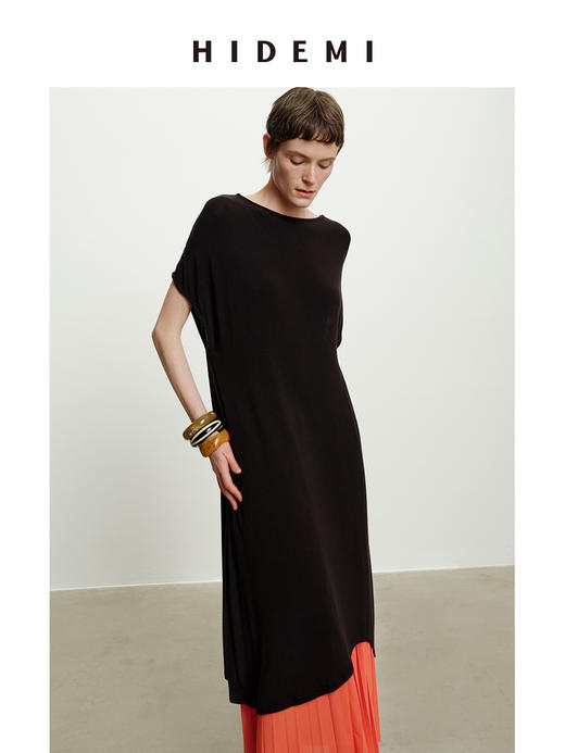 HIDEMI 度假系列极简圆领廓形云朵薄针织T恤连衣裙 黑色/白色/豆乳色 商品图1