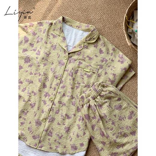 可人儿小众设计师新款泡泡绵女士睡衣夏季短袖可外出家居服三件套 商品图2