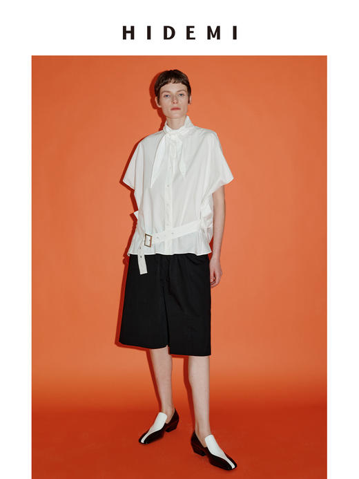 HIDEMI绑带剪刀领设计感大廓形腰带式短袖衬衫上衣 商品图3