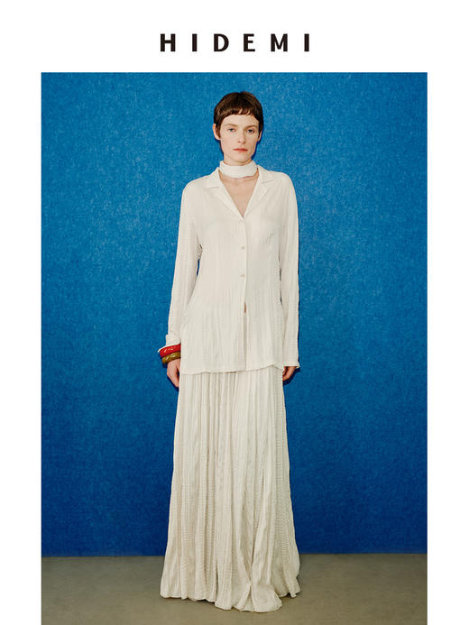 HIDEMI 进口可再生纤维冰川灰压褶纸片人西装领衬衫半裙套装 商品图0