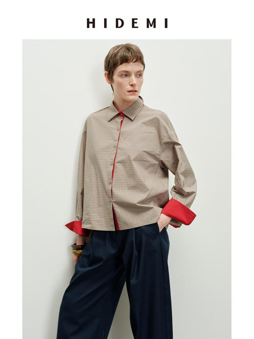 HIDEMI 趣味撞色色织格纹自然棉小翻领廓形衬衫 商品图0