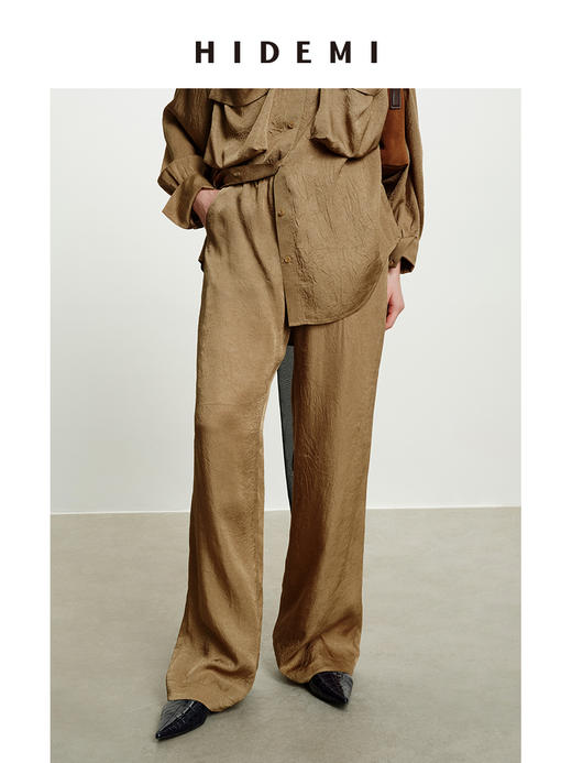 HIDEMI 进口满分醋酸艺术褶皱感立体口袋廓形衬衫阔腿裤橄榄绿套装 商品图6