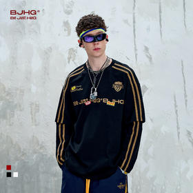 BJHG不计后果假两件长袖T恤男款夏季潮牌美式复古运动速干上衣女