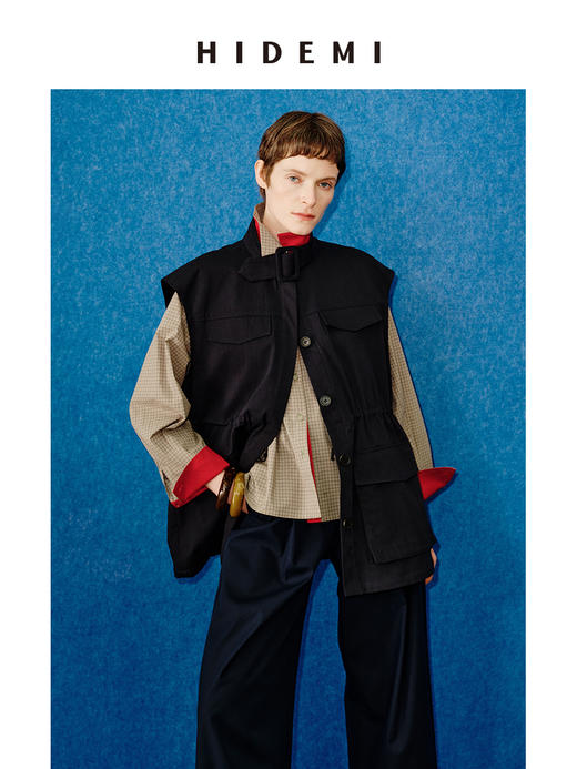 HIDEMI 趣味撞色色织格纹自然棉小翻领廓形衬衫 商品图8