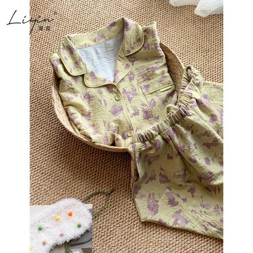 可人儿小众设计师新款泡泡绵女士睡衣夏季短袖可外出家居服三件套 商品图1