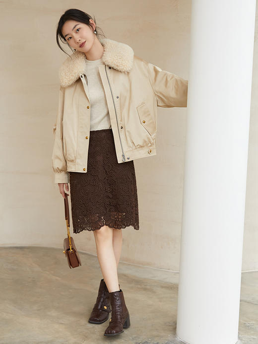 2025 秋冬新款复古棕色蕾丝半身裙 蝴蝶花纹高腰显瘦包臀裙 优雅气质中长款镂空一步裙 商品图1