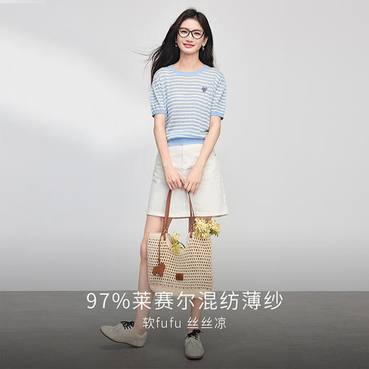 【五折购】熙世界莱赛尔条纹针织衫女夏季薄款航海系短袖圆领上衣2025年新款 商品图1