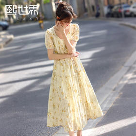【专属特价】熙世界度假风黄色碎花连衣裙女夏天新款法式独特漂亮收腰掐腰裙子