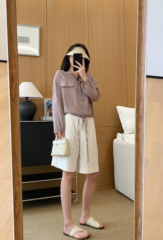 百慕老钱风后松紧微阔腿天丝亚麻显瘦五分中裤 商品图5