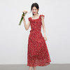 【专属特价】熙世界红色碎花连衣裙女夏日新款法式茶歇花边U领收腰雪纺长裙子 商品缩略图3