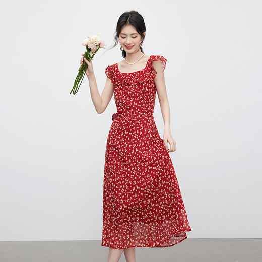 【专属特价】熙世界红色碎花连衣裙女夏日新款法式茶歇花边U领收腰雪纺长裙子 商品图3