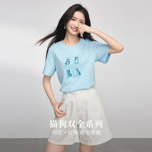 【专属特价】熙世界趣味减龄猫狗印花T恤女夏季短袖休闲风纯棉体恤2025年新款 商品图1