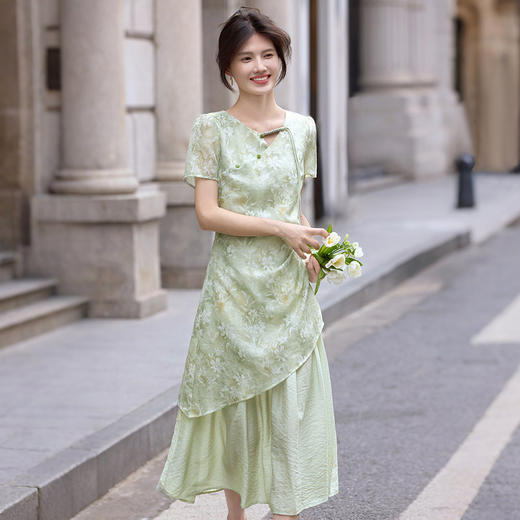 【周末秒杀】熙世界新中式改良旗袍连衣裙女夏季气质不规则国风提花假两件裙子 商品图3