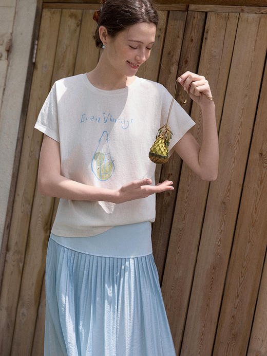 Even Vintage | 棉混纺 竹节纹理夏日绘梨印花休闲百搭短袖T恤新 商品图3