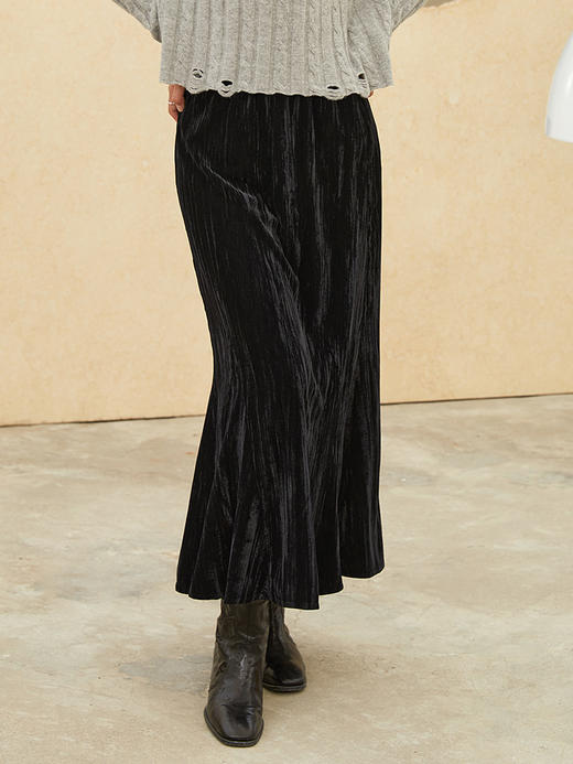 黑色丝绒压褶鱼尾半身裙 秋冬复古高腰显瘦中长款 A 字裙 商品图0