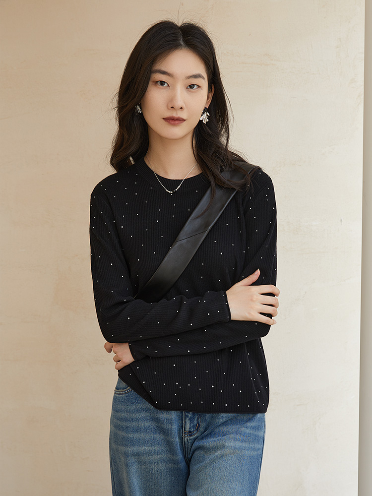 黑色圆领满天星烫钻针织衫 秋冬温柔风显瘦长袖内搭外穿毛衣上衣