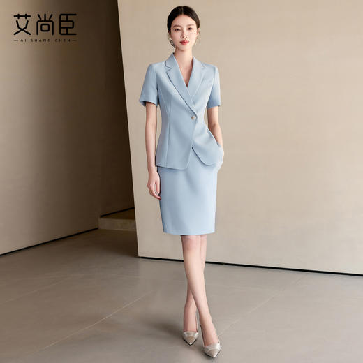 艾尚臣蓝色短袖西装套裙女新款气质时尚商务正装修身显瘦职业装夏 商品图4