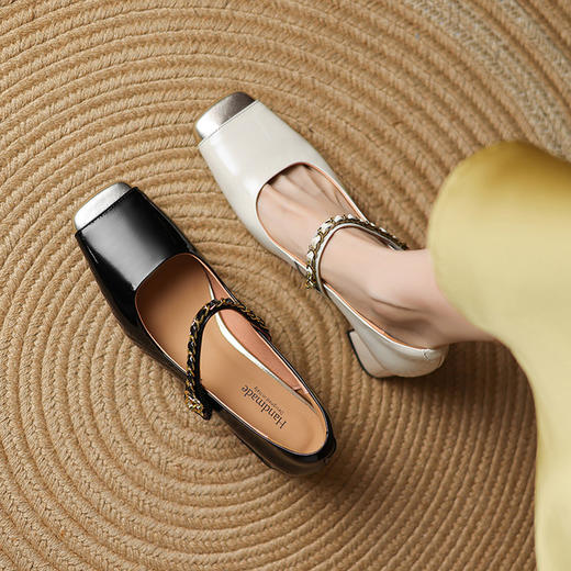 【预售5天】头层牛皮！粗跟小高跟鞋新款真皮米白色金属方头一字带气质单鞋LD&7253 商品图2