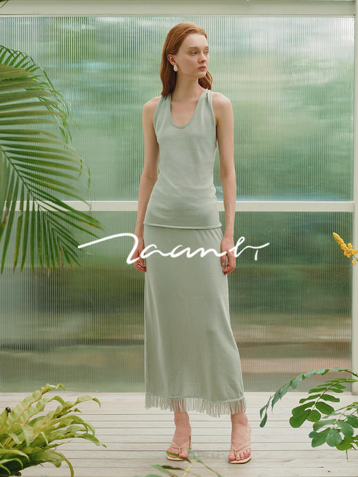 ZAANLI｜ZNSS25020 三醋酸流苏后开衩针织半裙 [ 豆绿 / 米灰 ] 商品图2