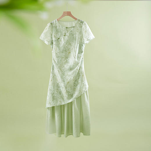 【周末秒杀】熙世界新中式改良旗袍连衣裙女夏季气质不规则国风提花假两件裙子 商品图2