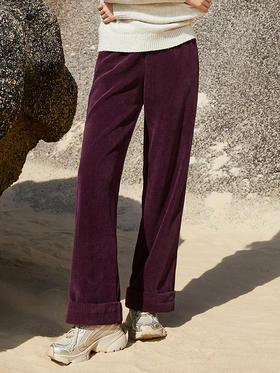 复古酒红色灯芯绒阔腿裤 高腰松紧腰显瘦长裤 秋冬垂感休闲卷边直筒裤