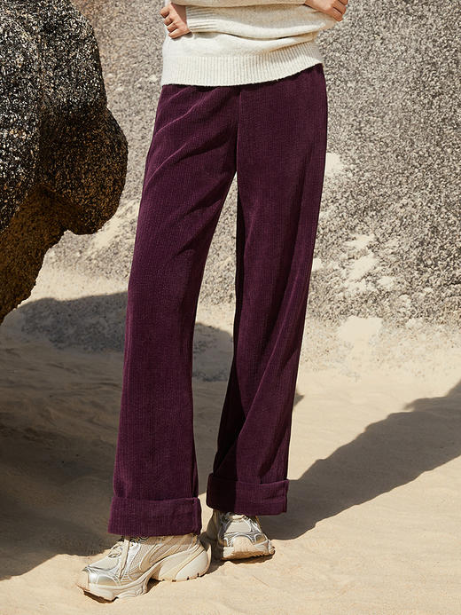 复古酒红色灯芯绒阔腿裤 高腰松紧腰显瘦长裤 秋冬垂感休闲卷边直筒裤 商品图0