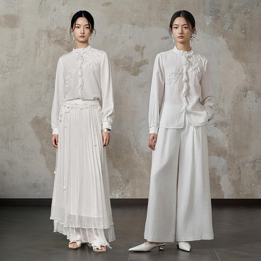 【林栖设计小店】（现货）亚麻混纺衬衣优雅绣花荷叶边拼接2025早秋新款长袖上衣女1953016 商品图3