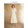 C+IMPRESS/西嘉亚麻精梳棉 法式度假松弛感v领短袖连衣裙女夏白色 商品缩略图1
