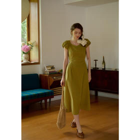 SimpleRetro纯棉小飞袖方领连衣裙捏褶长裙