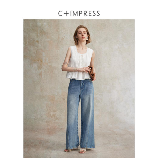 C+IMPRESS/西嘉亚麻天丝重工 度假风方领法式露锁骨上衣女夏无袖CS2502125 商品图3