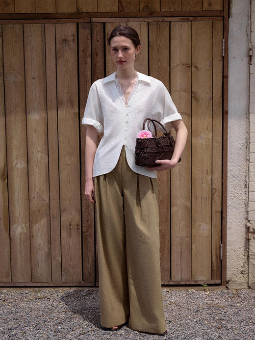 【现货】Even Vintage | 棉混纺 V领创意拼接蕾丝花边慵懒气质收腰衬衫 商品图3