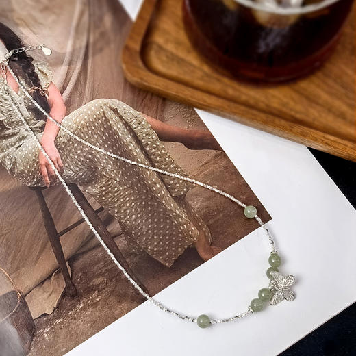 宝梵迪925银夏季新款新中式蝴蝶珍珠碎银子项链和田玉小众设计高级感颈链 商品图2