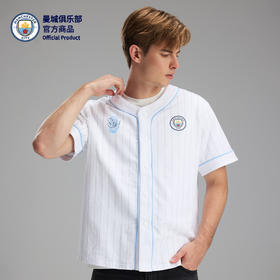 【官方正版】曼城俱乐部 | 白色棒球开衫短袖百搭宽松款式按扣球员蓝色印签棒德布劳内