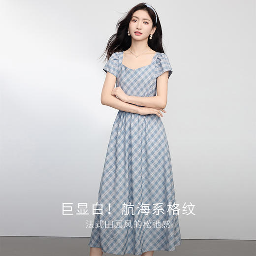 熙世界航海系法式复古格纹连衣裙女夏季飞飞袖方领裙子2025年新款 商品图1