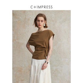 C+IMPRESS/西嘉精梳棉高智淡人风不对称斜肩扭结设计感T恤女上衣CS2502116