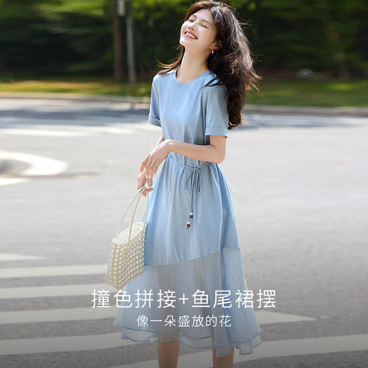 【周末秒杀】熙世界高级感蓝色连衣裙女2025新款夏季短袖棉质拼接天丝鱼尾裙子 商品图2
