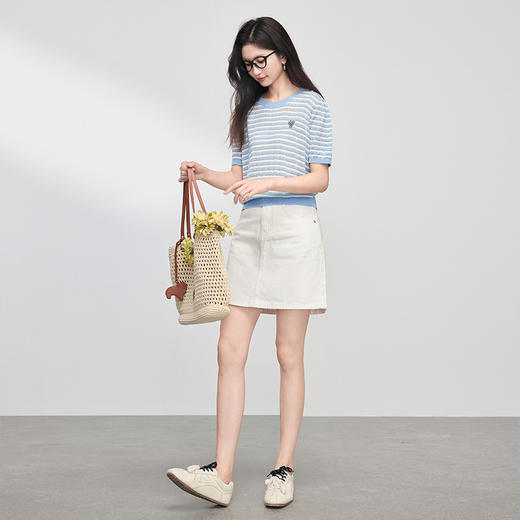 【五折购】熙世界莱赛尔条纹针织衫女夏季薄款航海系短袖圆领上衣2025年新款 商品图3