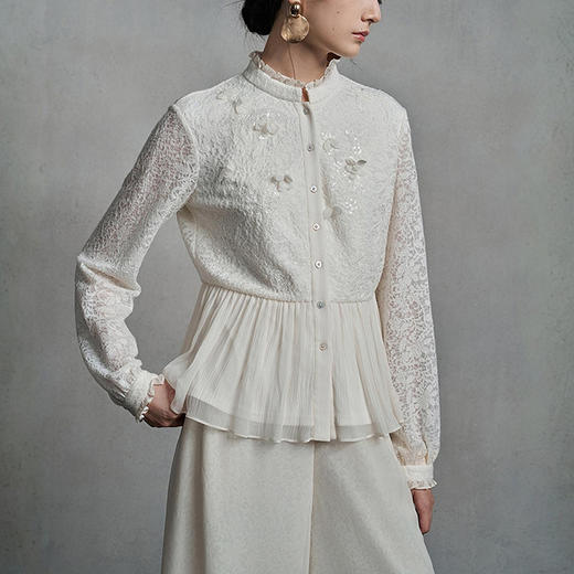 【林栖设计小店】（现货）【手工钉花】绵羊毛混纺衬衣2025早秋新款花仙子上衣女1953019 商品图0