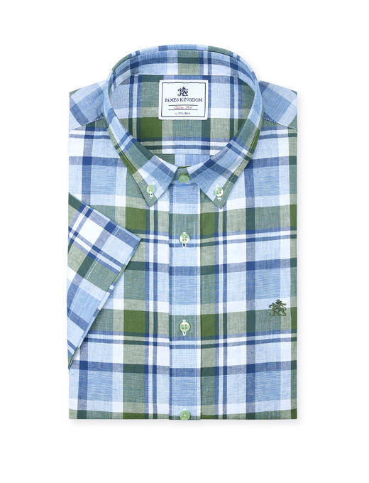 【1件/99 2件/180 3件/258】占姆士男士棉麻彩色休闲格中青休闲衬衫 商品图2