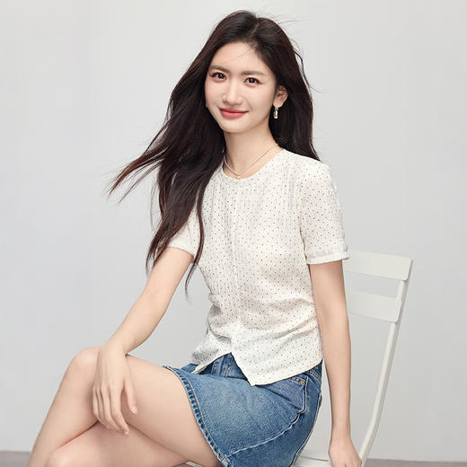 【专属特价】熙世界波尔卡波点短袖T恤女收腰显瘦2025夏日新款设计感修身上衣 商品图3