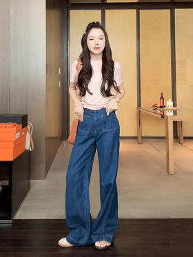 COCO ZONE刘一一【棉亚麻混纺】水洗金属扣直筒高腰牛仔裤CD1A0530