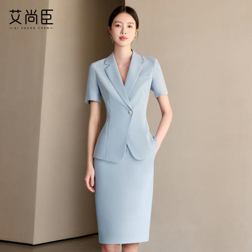 艾尚臣蓝色短袖西装套裙女新款气质时尚商务正装修身显瘦职业装夏 商品图0